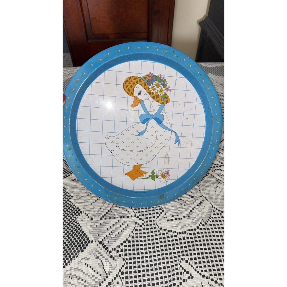 Vintage Tin Metal Giftco Blue Country Goose In Bonnet Serving Tray 13"